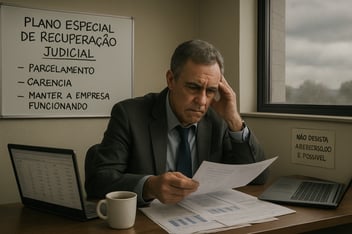 A imagem apresenta um empresrio de meiaidade com semblante preocupado sentado sua mesa de trabalho em um escritrio modesto Ele revira documentos e relatrios financeiros cercado por uma xcara de caf e um laptop aberto onde se v uma planilha com nmero
