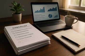 A imagem apresenta uma mesa de escritrio organizada com uma pilha de documentos formais sobre um fundo de madeira escura Os documentos esto dispostos em ordem com um checklist visvel no topo destacando itens como Exposio das Causas da Crise