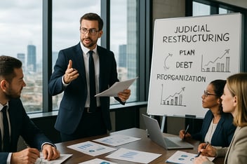 A imagem retrata um advogado em um escritrio moderno rodeado por documentos e grficos financeiros Ele est de p gesticulando com uma mo enquanto segura uma pilha de papis na outra com uma expresso concentrada e confiante Atrs dele uma grande janela mo