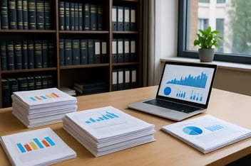 A imagem retrata um escritrio moderno e organizado com uma mesa de madeira clara onde se destacam pilhas de documentos meticulosamente organizados incluindo grficos coloridos e relatrios financeiros Ao fundo uma estante repleta de livros jurdicos