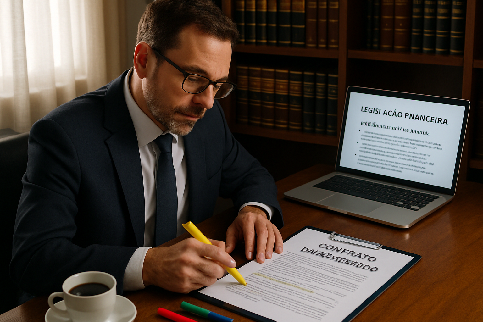 A imagem retrata uma mesa de trabalho organizada onde um advogado est analisando documentos jurdicos relacionados a um emprstimo consignado Ao fundo h uma estante com livros de direito e um computador porttil com uma tela que exibe informaes sobre le-1
