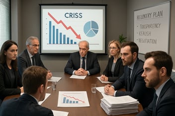 A imagem retrata uma sala de reunies iluminada onde um grupo de empresrios e advogados se rene em torno de uma mesa oval No centro h uma apresentao em um projetor exibindo grficos e dados financeiros que refletem a crise da empresa Os rostos dos part