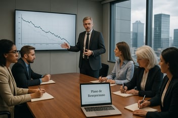 Em uma sala de conferncia moderna uma mesa retangular de madeira polida o centro das atenes onde um grupo diversificado de profissionais se rene em um ambiente corporativo