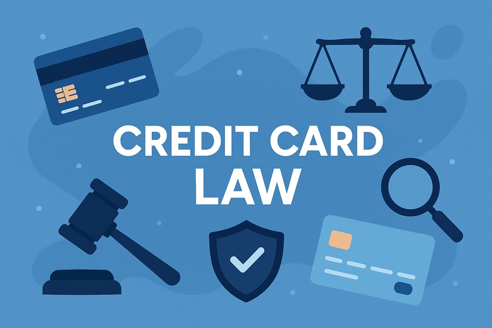 Banner ilustrativo sobre a Lei do Cartão de Crédito, apresentando cartões, símbolos de justiça e elementos de proteção financeira, para ajudar a evitar surpresas e garantir a segurança do consumidor.