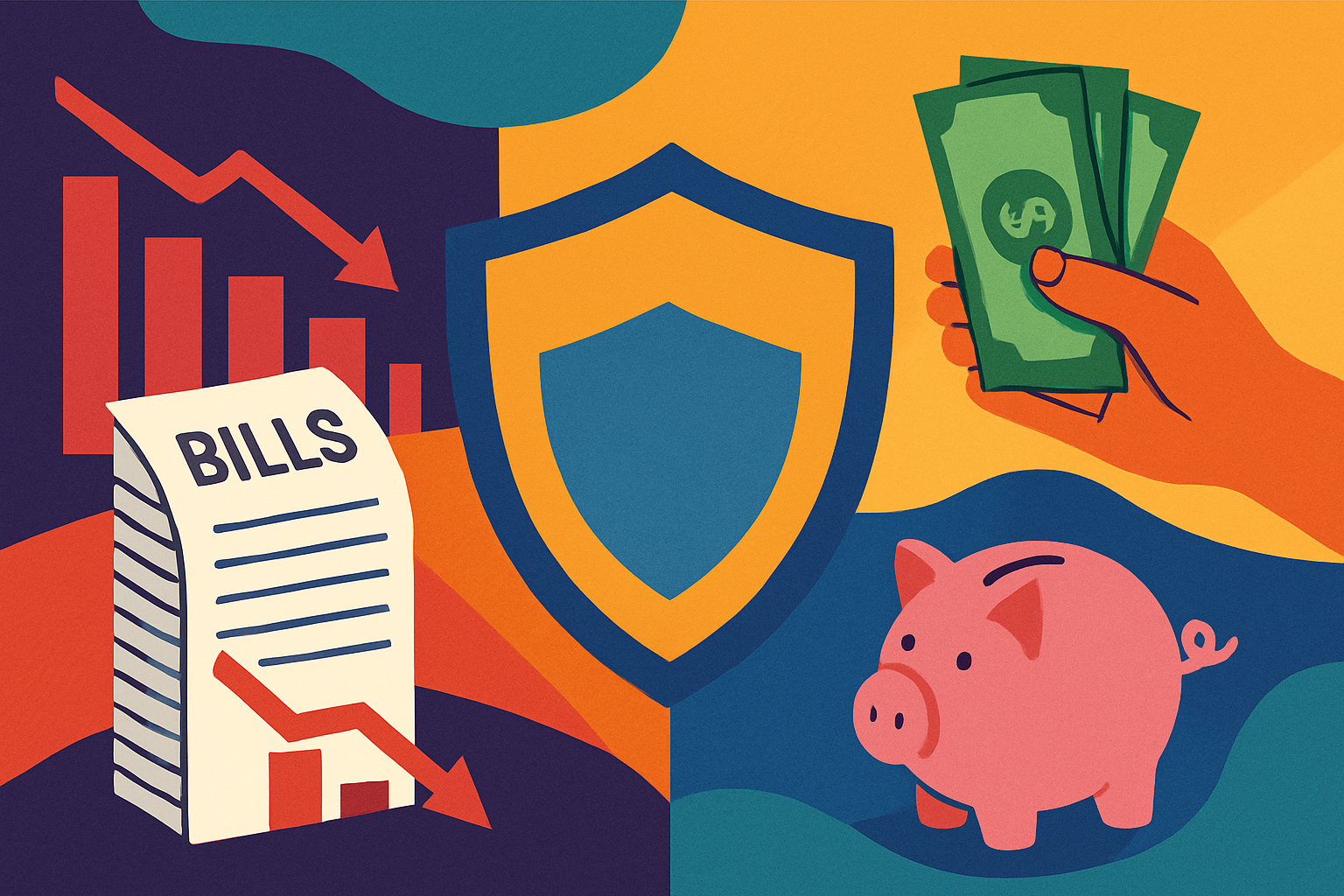 Um banner vibrante e moderno com elementos visuais que representam superendividamento como uma pilha de contas ou um grfico de dvidas e em contraste elementos de proteo financeira como um escudo um cofrinho ou mos segurando dinheiro de forma segura U-1