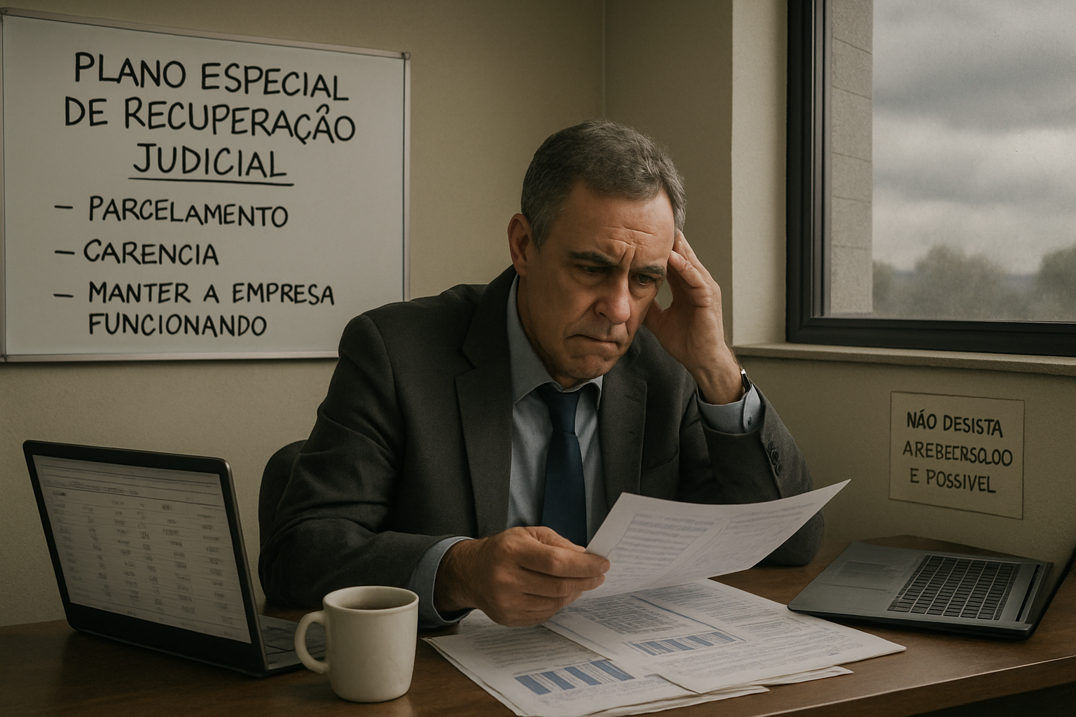 A imagem apresenta um empresrio de meiaidade com semblante preocupado sentado  sua mesa de trabalho em um escritrio modesto Ele revira documentos e relatrios financeiros cercado por uma xcara de caf e um laptop aberto onde se v uma planilha com nmero