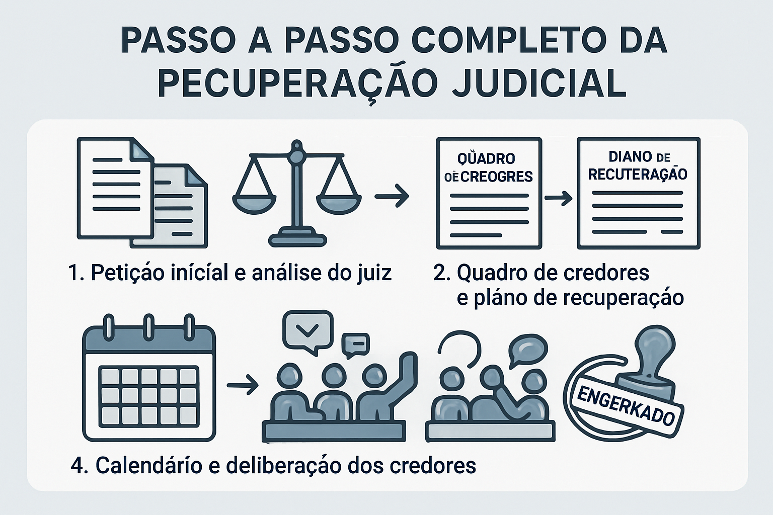 A imagem apresenta um grfico informativo que ilustra o processo de Recuperao Judicial no Brasil dividido em quatro fases principais Na parte superior h um ttulo em destaque Passo a Passo Completo da Recuperao Judicial A primeira fase  representada po-1