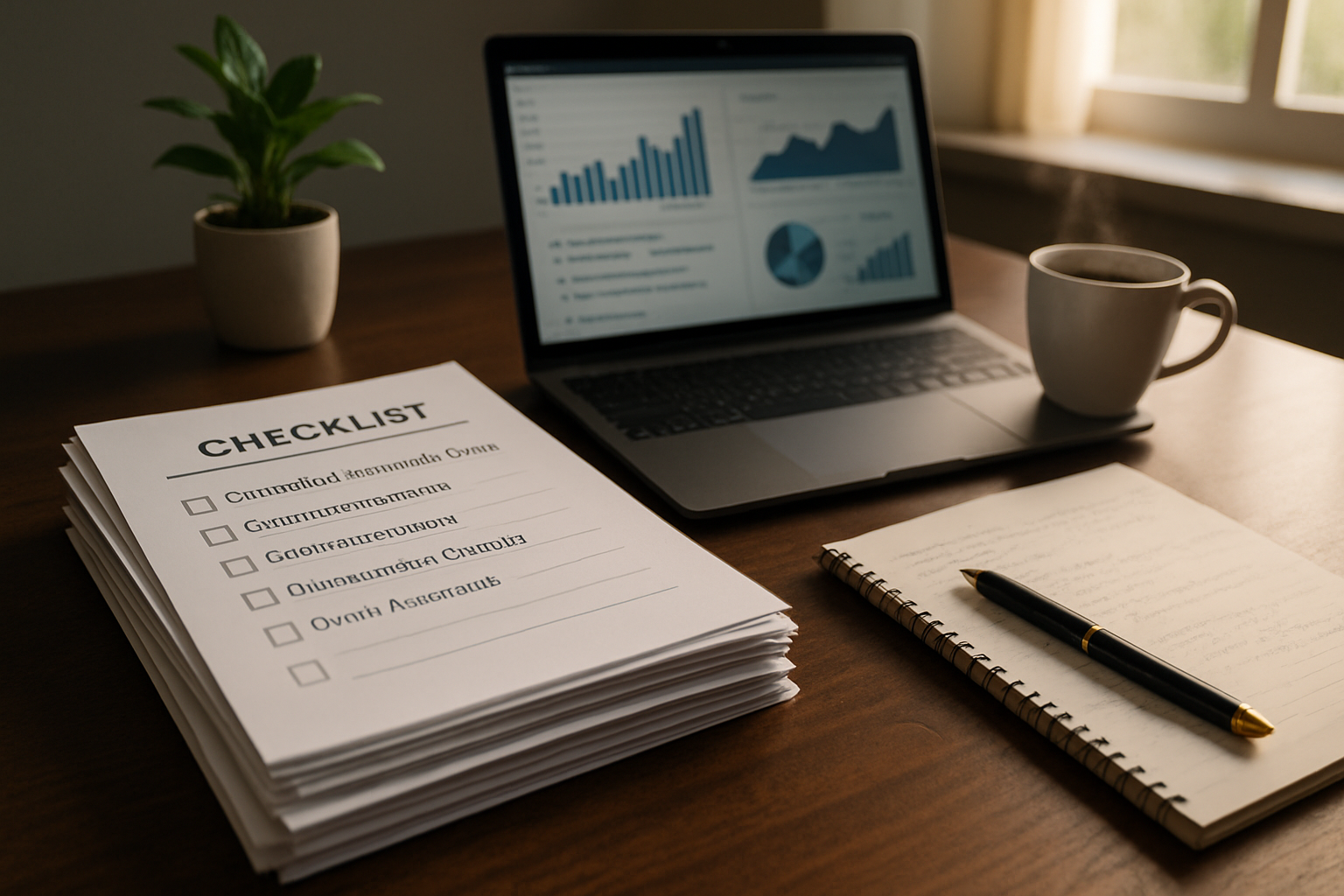 A imagem apresenta uma mesa de escritrio organizada com uma pilha de documentos formais sobre um fundo de madeira escura Os documentos esto dispostos em ordem com um checklist visvel no topo destacando itens como Exposio das Causas da Crise e Demonst-1