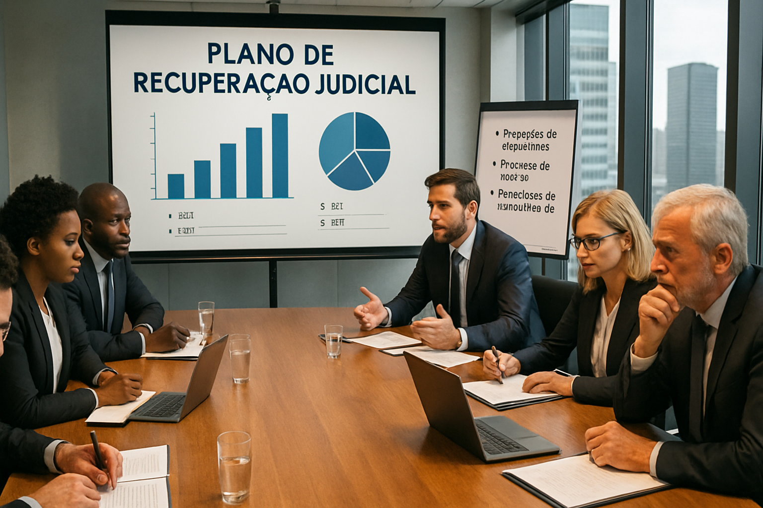 A imagem mostra uma sala de conferncias moderna e bem iluminada equipada com uma longa mesa de madeira polida onde um grupo diversificado de pessoas est reunido No centro da mesa h uma tela de projeo exibindo grficos e textos que representam um Plano-1