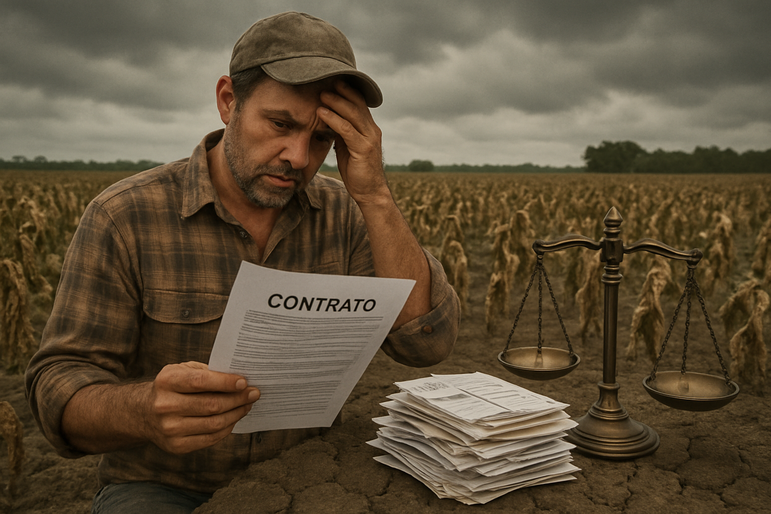 A imagem retrata um agricultor preocupado de p em meio a um vasto campo de lavouras murchas sob um cu nublado simbolizando a incerteza e os desafios enfrentados na atividade rural O homem com expresso tensa segura um contrato nas mos enquanto ao fund-1
