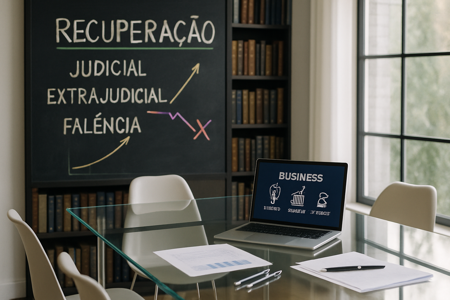 A imagem retrata um escritrio moderno e minimalista com uma mesa de vidro transparente no centro cercada por cadeiras de design contemporneo Ao fundo uma estante repleta de livros sobre direito e finanas com uma luz suave filtrando atravs de grandes-2