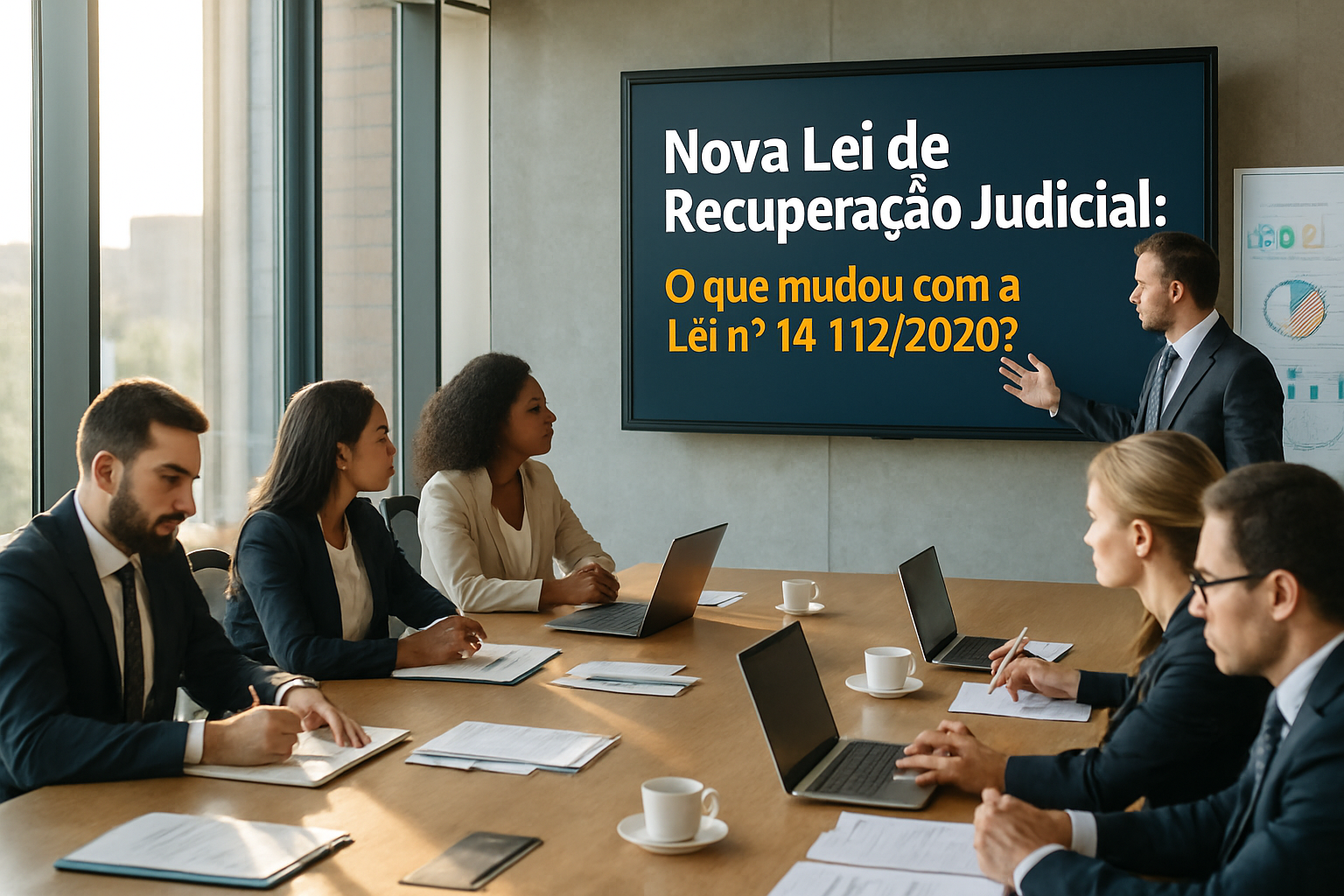 The image depicts a sleek modern office environment with a large conference table at the center surrounded by ergonomic chairs Bright sunlight streams through floortoceiling windows casting a warm glow on a presentation screen displaying the title No